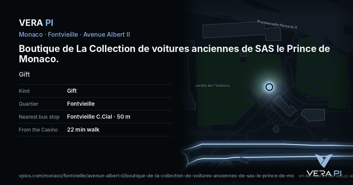 The VERA PI card for Boutique de La Collection de voitures anciennes de SAS le Prince de Monaco