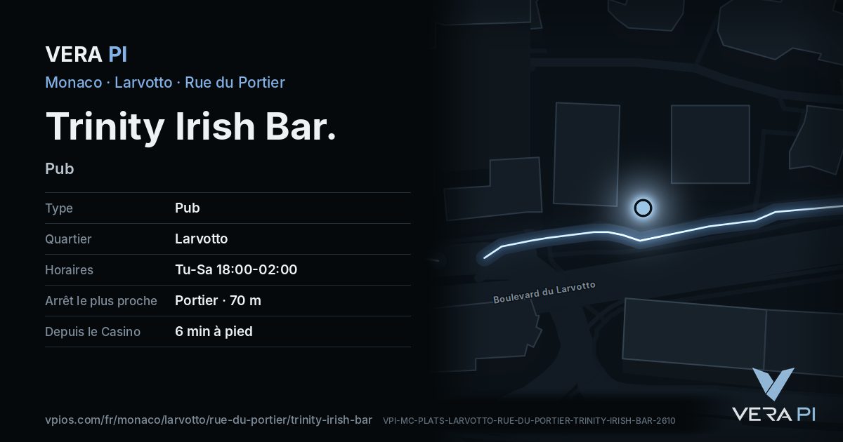 La carte VERA PI de Trinity Irish Bar
