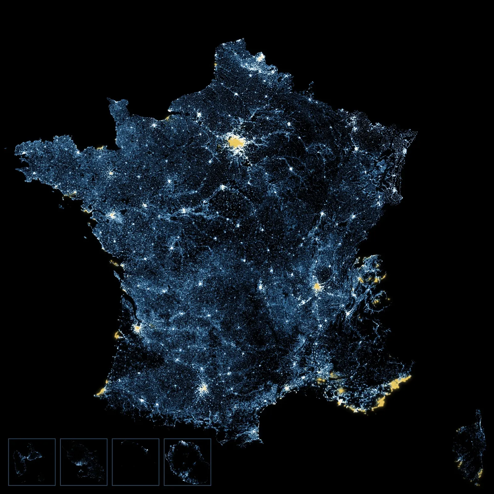France at night, drawn by VERA PI from France’s recorded sales: every recorded sale a point of light, and in gold the homes sold for €2 million or more.