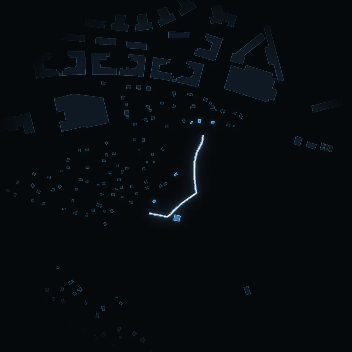 Alfred Medins Väg at night, its buildings drawn from the city's 3D model