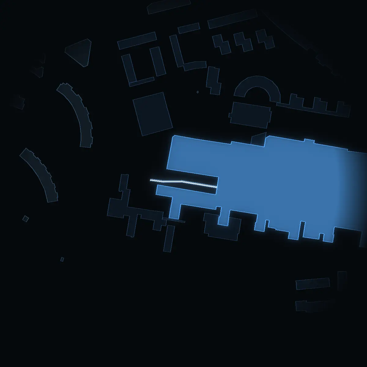 Ambulansgatan at night, its buildings drawn from the city's 3D model
