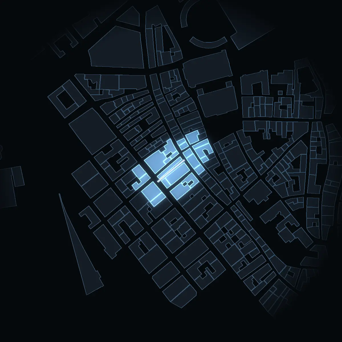 Bedoirsgränd at night, its buildings drawn from the city's 3D model