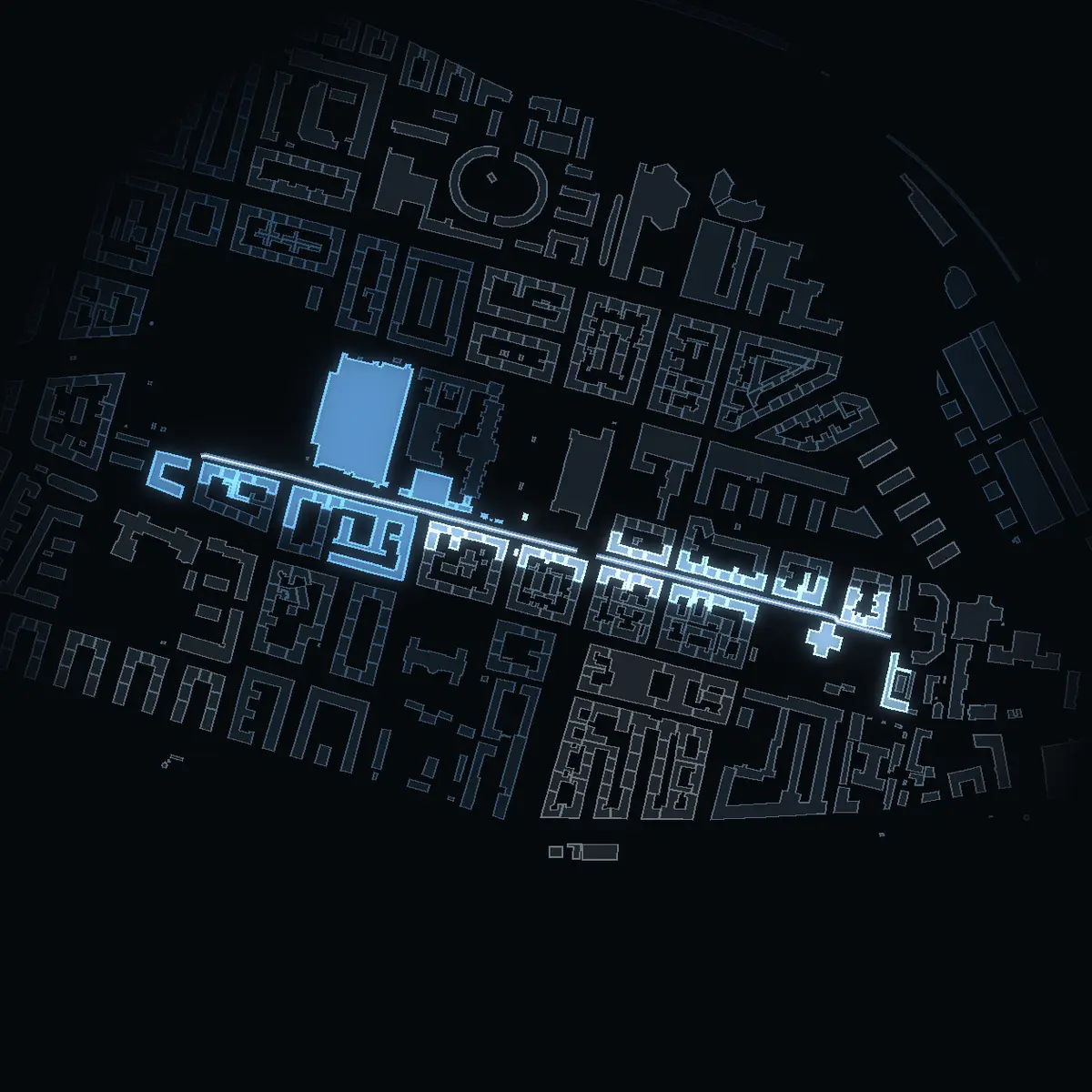 Bergsgatan at night, its buildings drawn from the city's 3D model