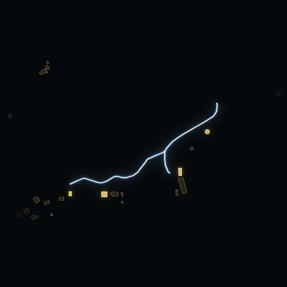 Biskopsvägen at night, its buildings drawn from the city's 3D model