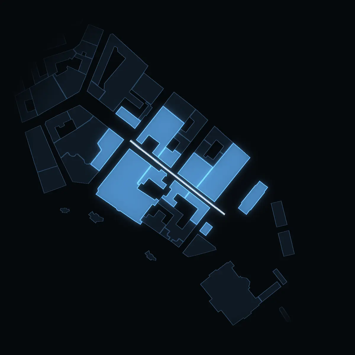Blasieholmsgatan at night, its buildings drawn from the city's 3D model