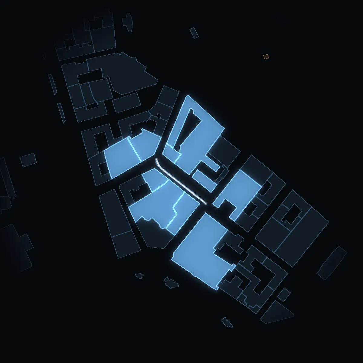 Blasieholmstorg at night, its buildings drawn from the city's 3D model