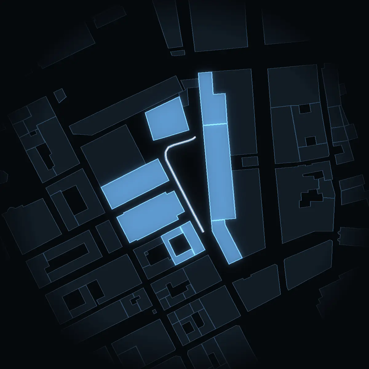 Brunkebergstorg at night, its buildings drawn from the city's 3D model