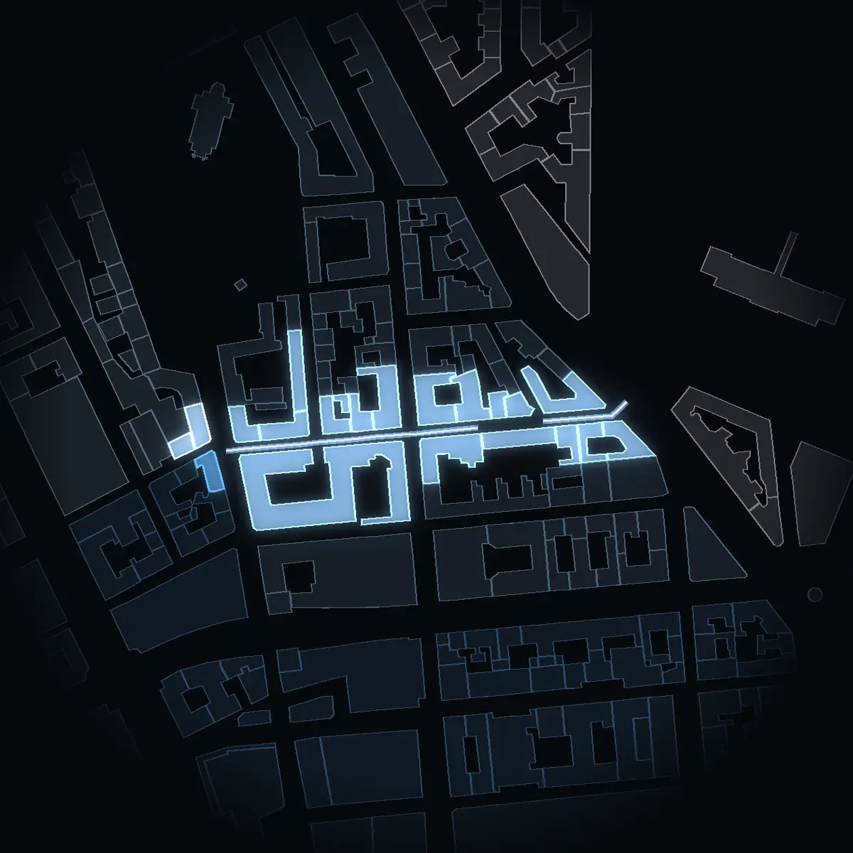 David Bagares Gata at night, its buildings drawn from the city's 3D model