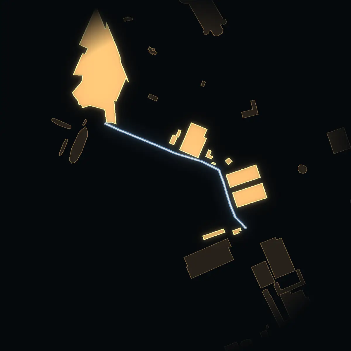 Djurgårdsstrand at night, its buildings drawn from the city's 3D model