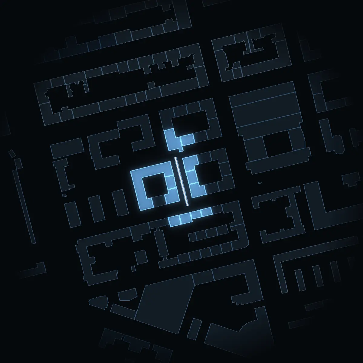 Doktor Abelins Gata at night, its buildings drawn from the city's 3D model