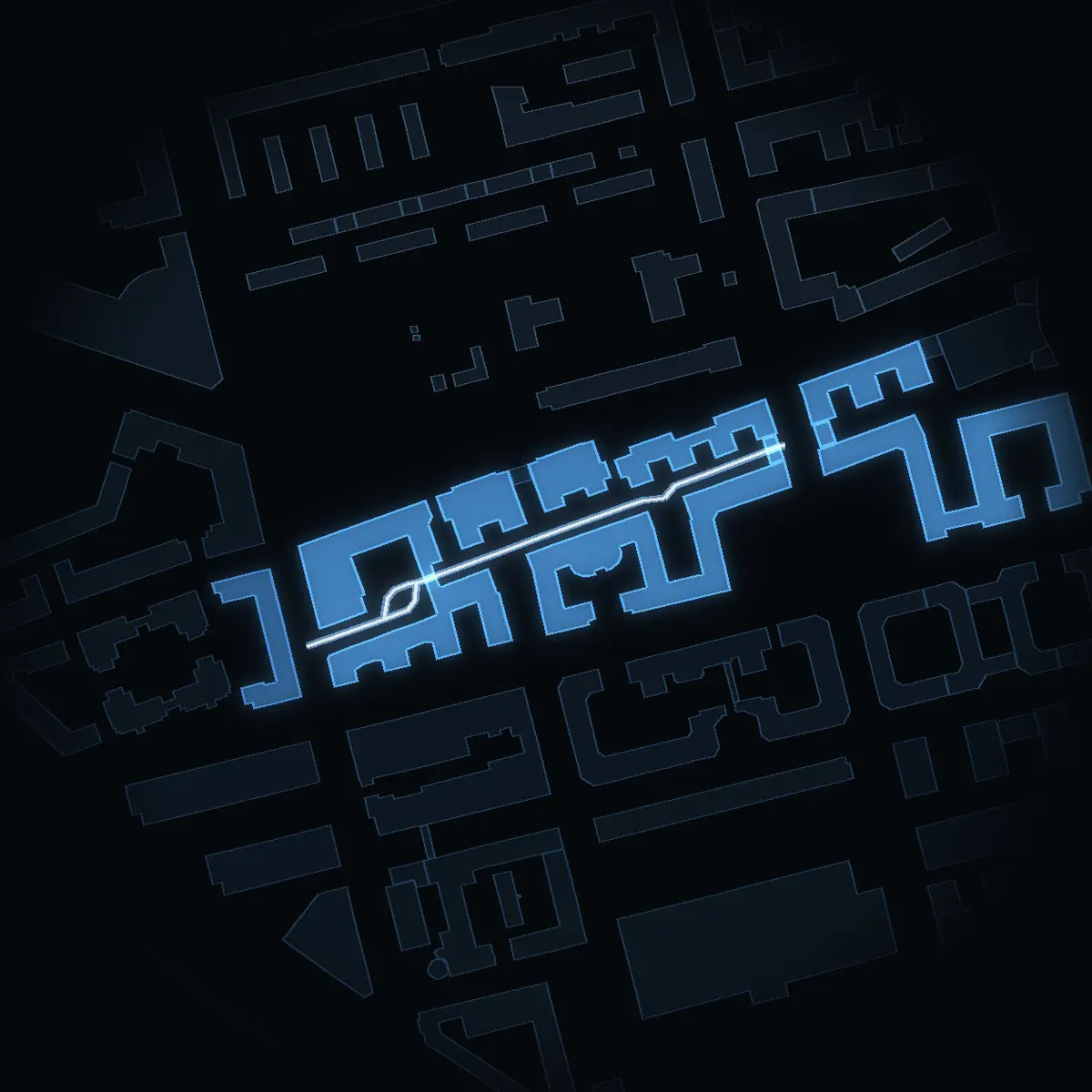 Fatburs Kvarngata at night, its buildings drawn from the city's 3D model