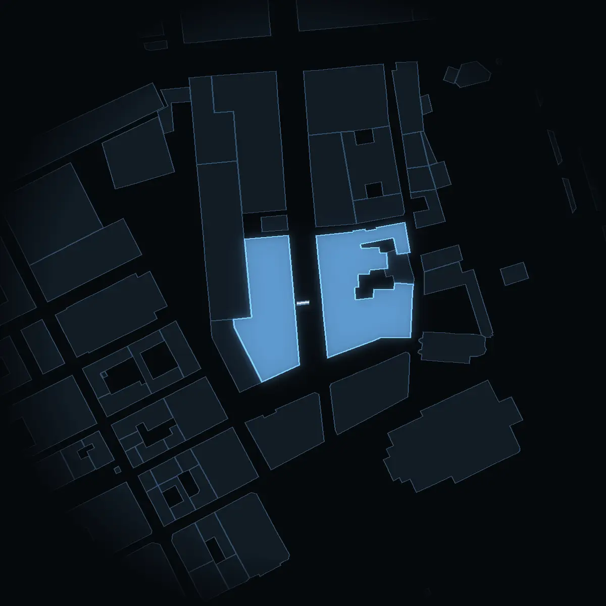 Galleriafaret at night, its buildings drawn from the city's 3D model