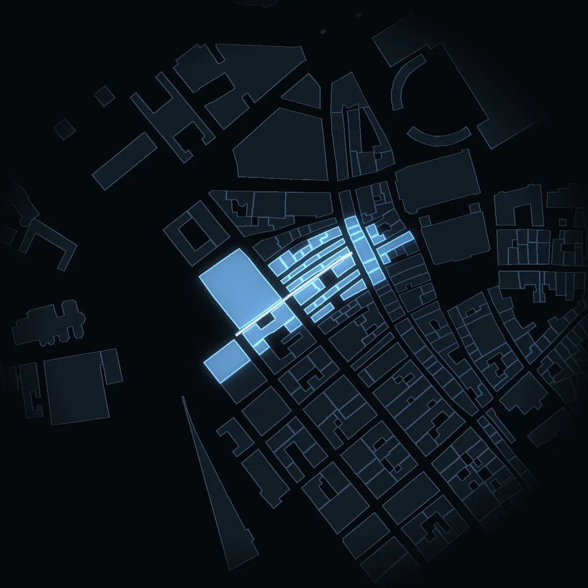 Gåsgränd at night, its buildings drawn from the city's 3D model