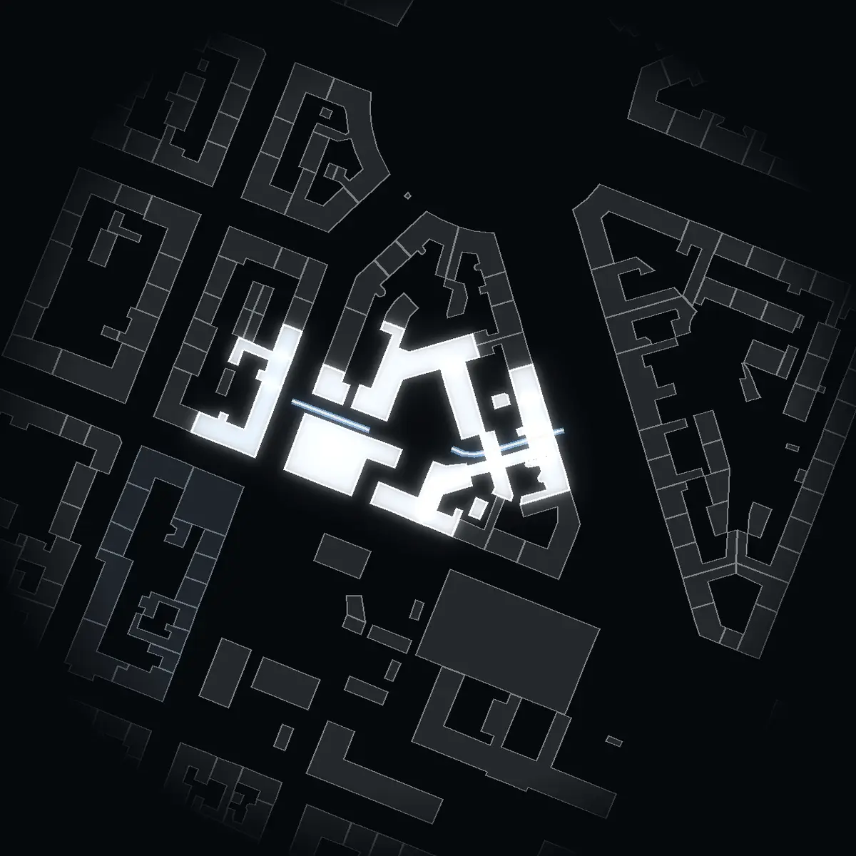 Gumshornsgatan at night, its buildings drawn from the city's 3D model