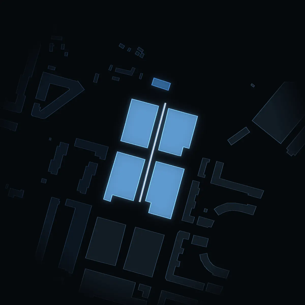 Hennings Gata at night, its buildings drawn from the city's 3D model