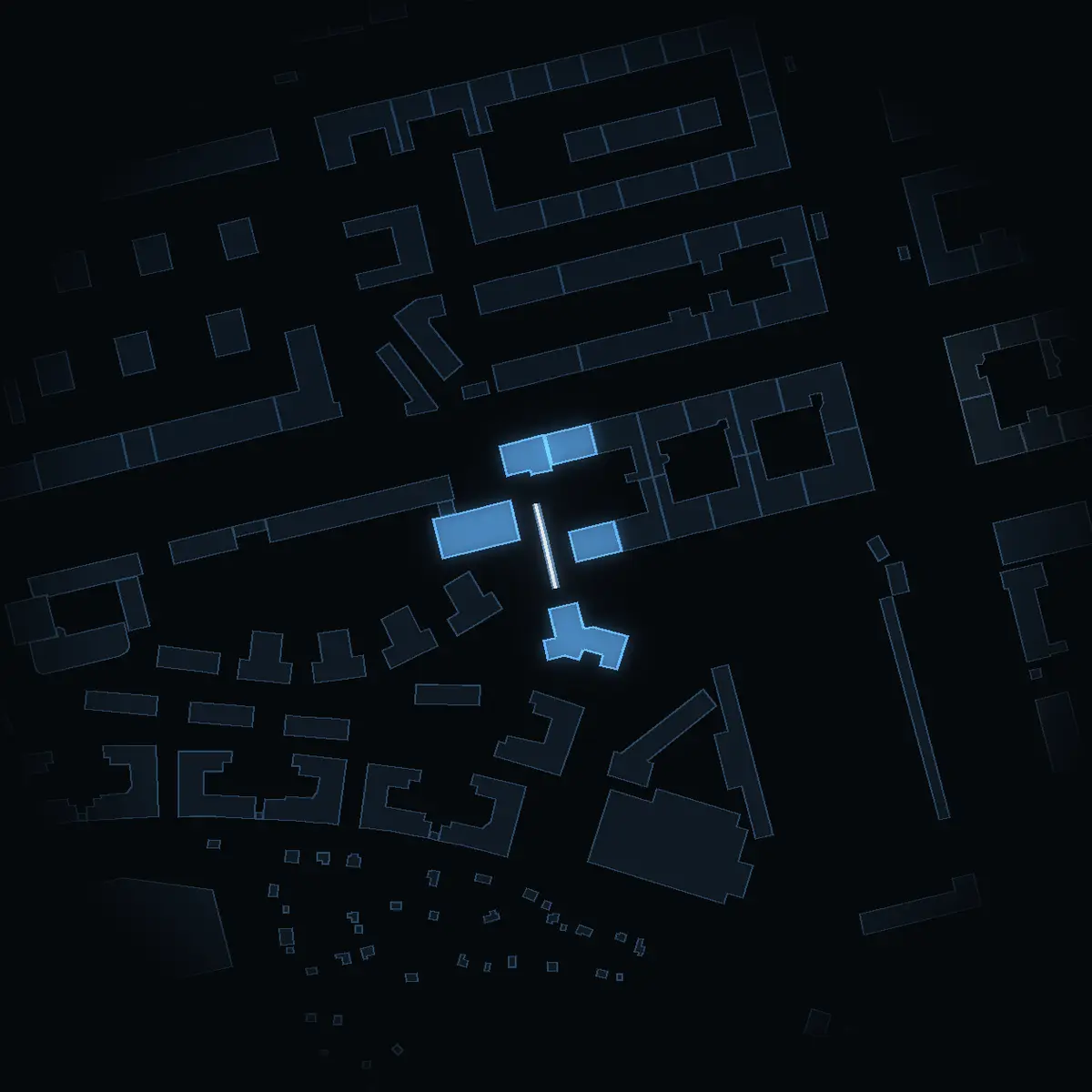 Hornskroken at night, its buildings drawn from the city's 3D model