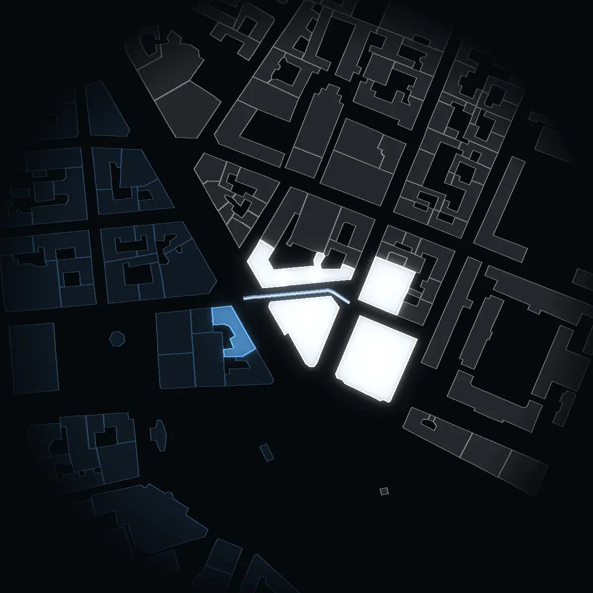 Ingmar Bergmans Gata at night, its buildings drawn from the city's 3D model