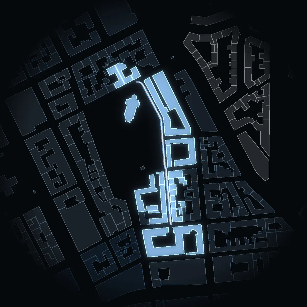 Johannesgatan at night, its buildings drawn from the city's 3D model