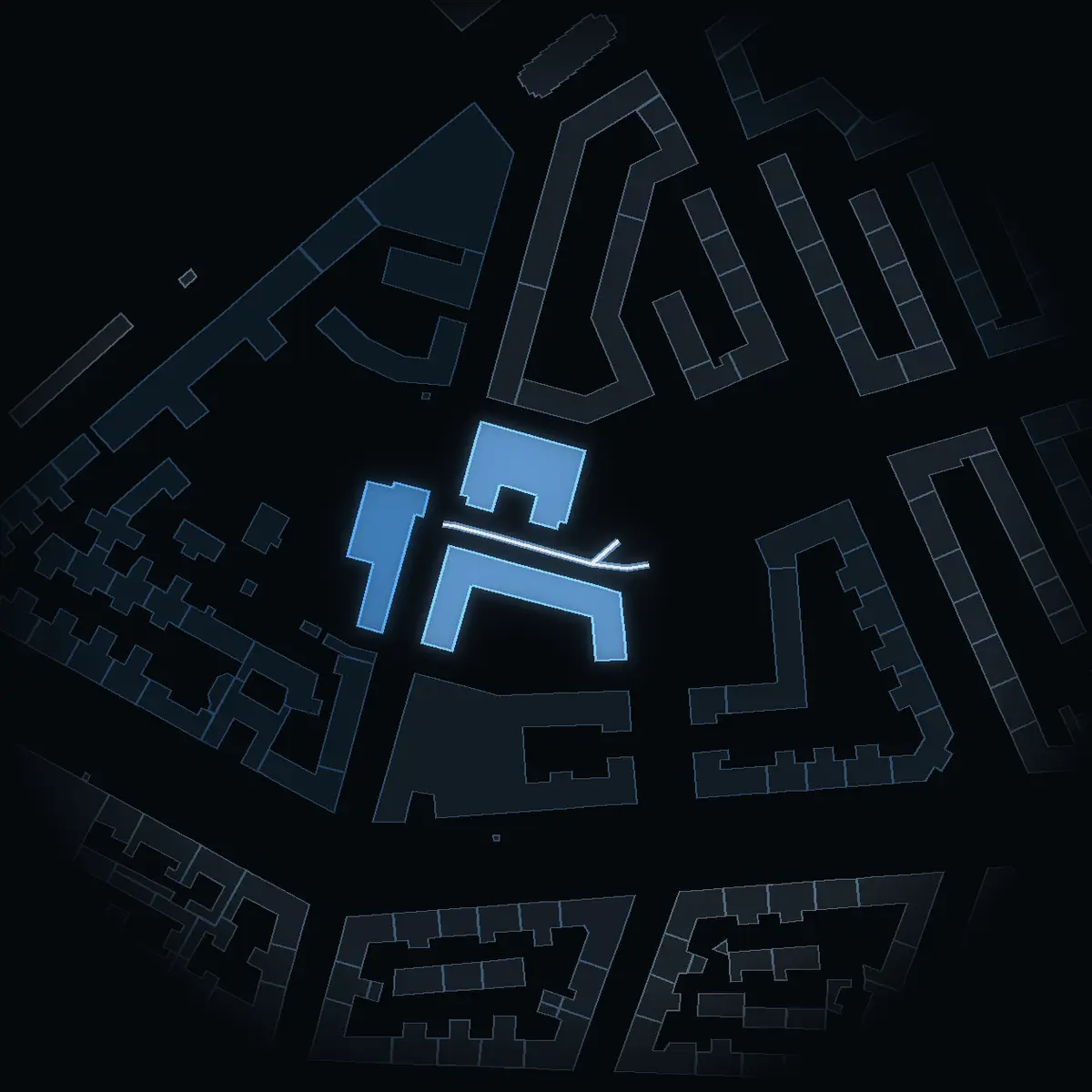 Kadettgatan at night, its buildings drawn from the city's 3D model