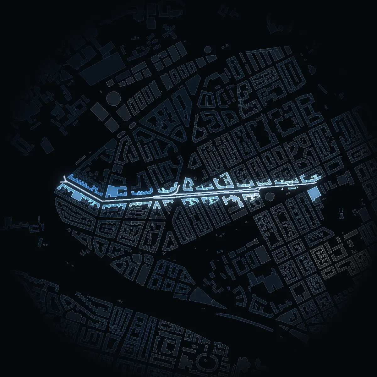 Karlbergsvägen i nattbelysning, husen ritade ur stadens 3D-modell