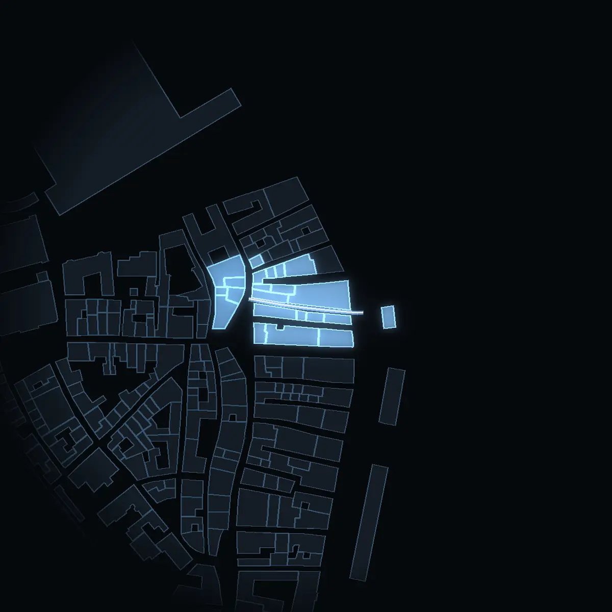 Kråkgränd at night, its buildings drawn from the city's 3D model