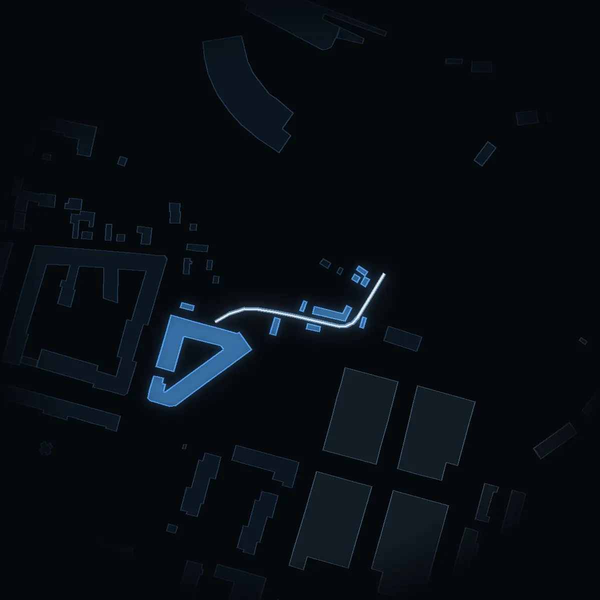 Kvastmakarbacken at night, its buildings drawn from the city's 3D model