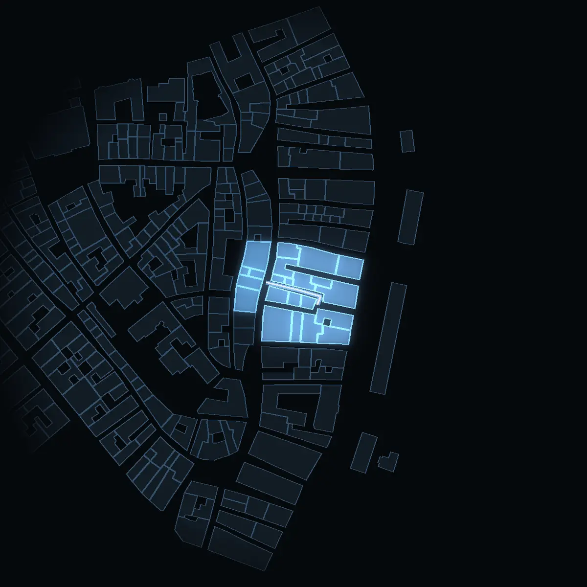 Lilla Hoparegränd i nattbelysning, husen ritade ur stadens 3D-modell