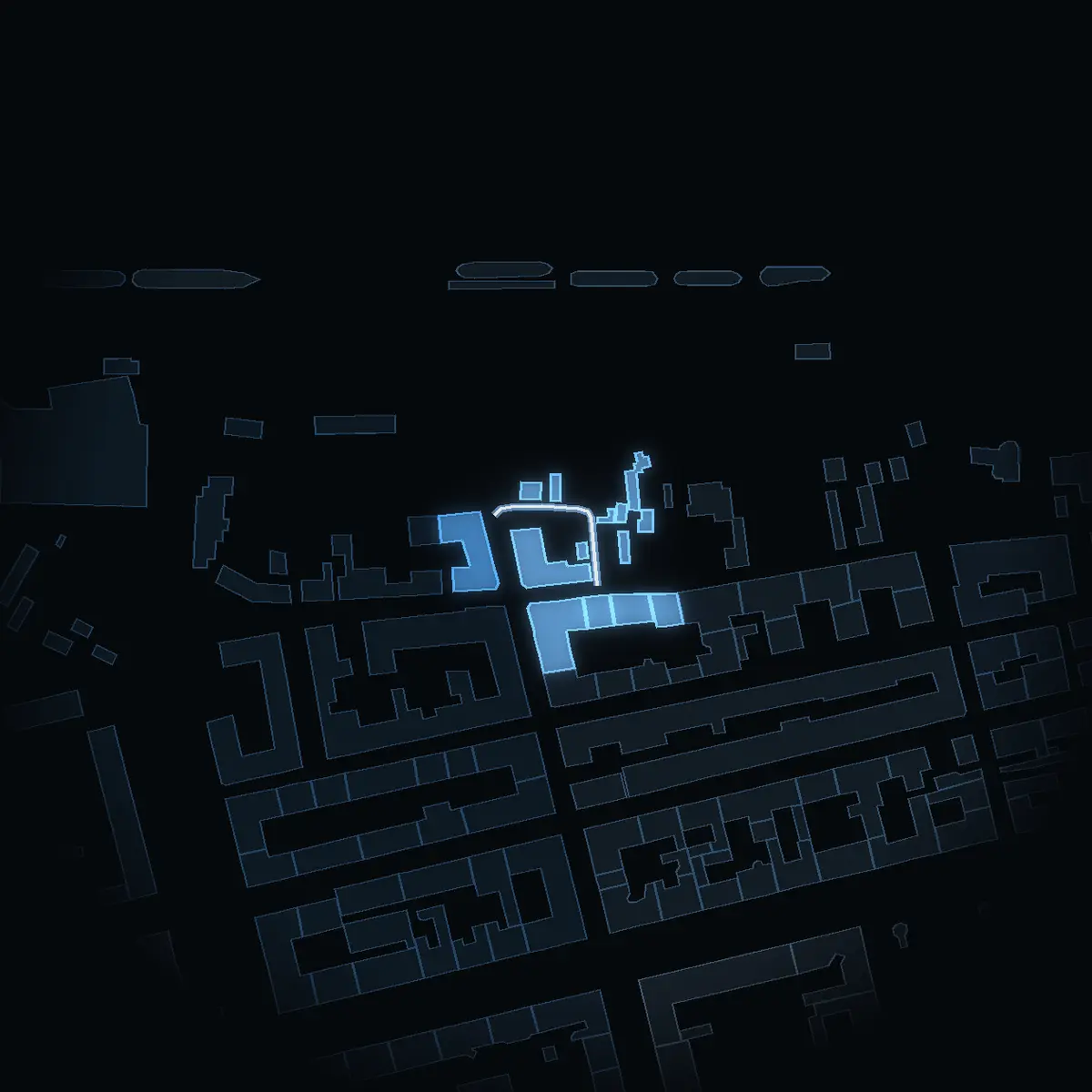 Lilla Skinnarviksgränd at night, its buildings drawn from the city's 3D model