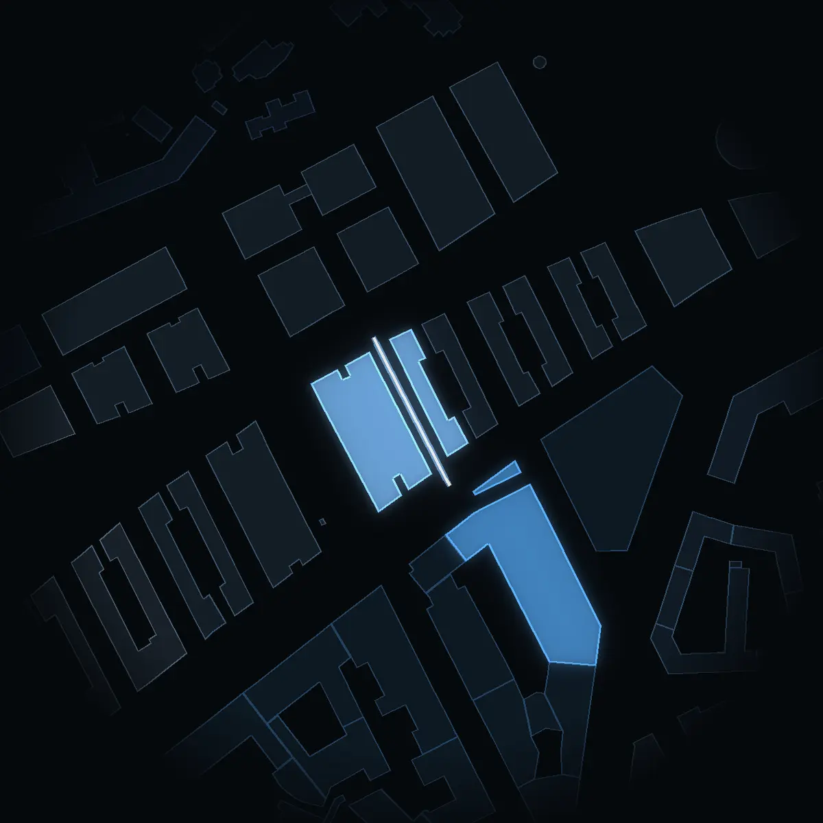 Lise Meitners Gata at night, its buildings drawn from the city's 3D model