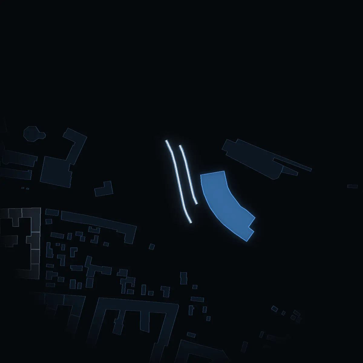 Londonviadukten at night, its buildings drawn from the city's 3D model