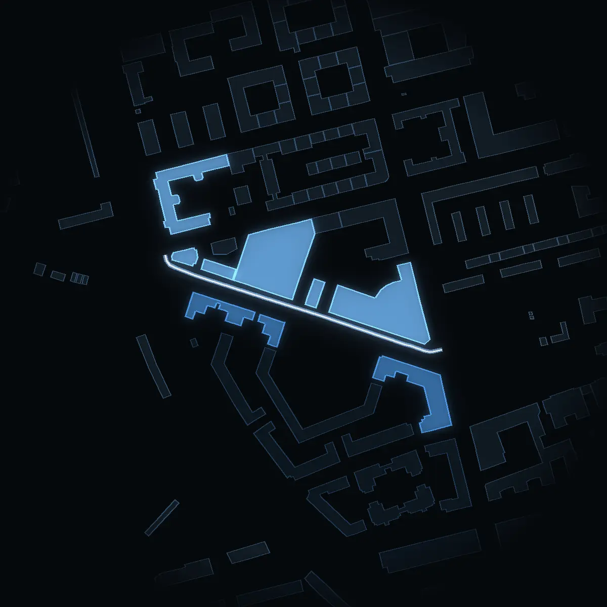 Maria Bangata at night, its buildings drawn from the city's 3D model