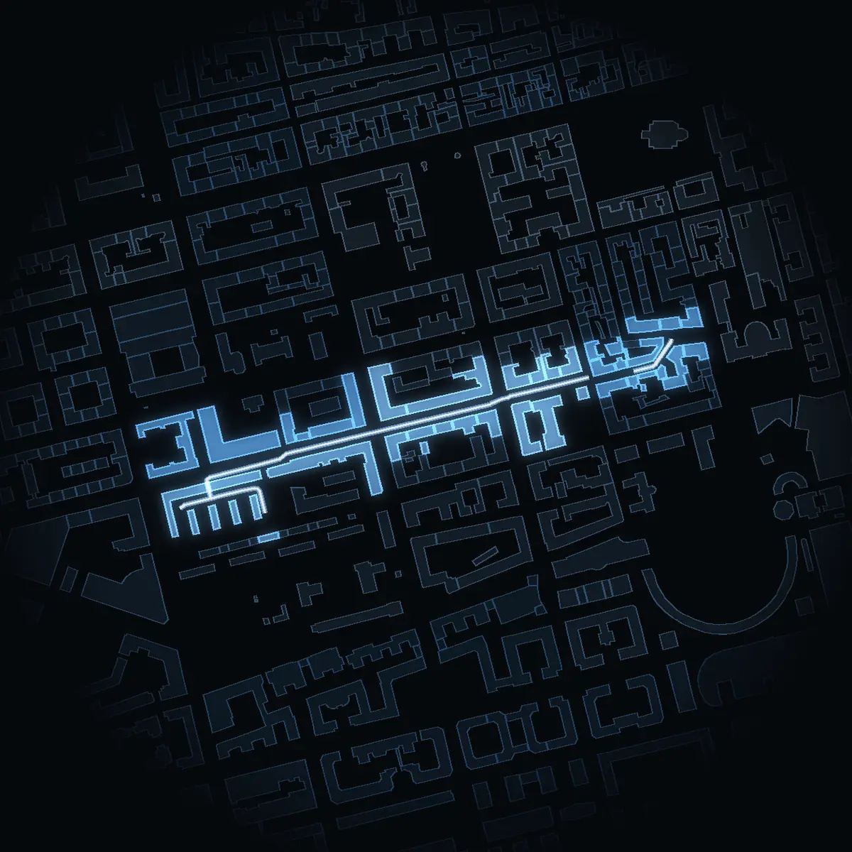 Maria Prästgårdsgata at night, its buildings drawn from the city's 3D model