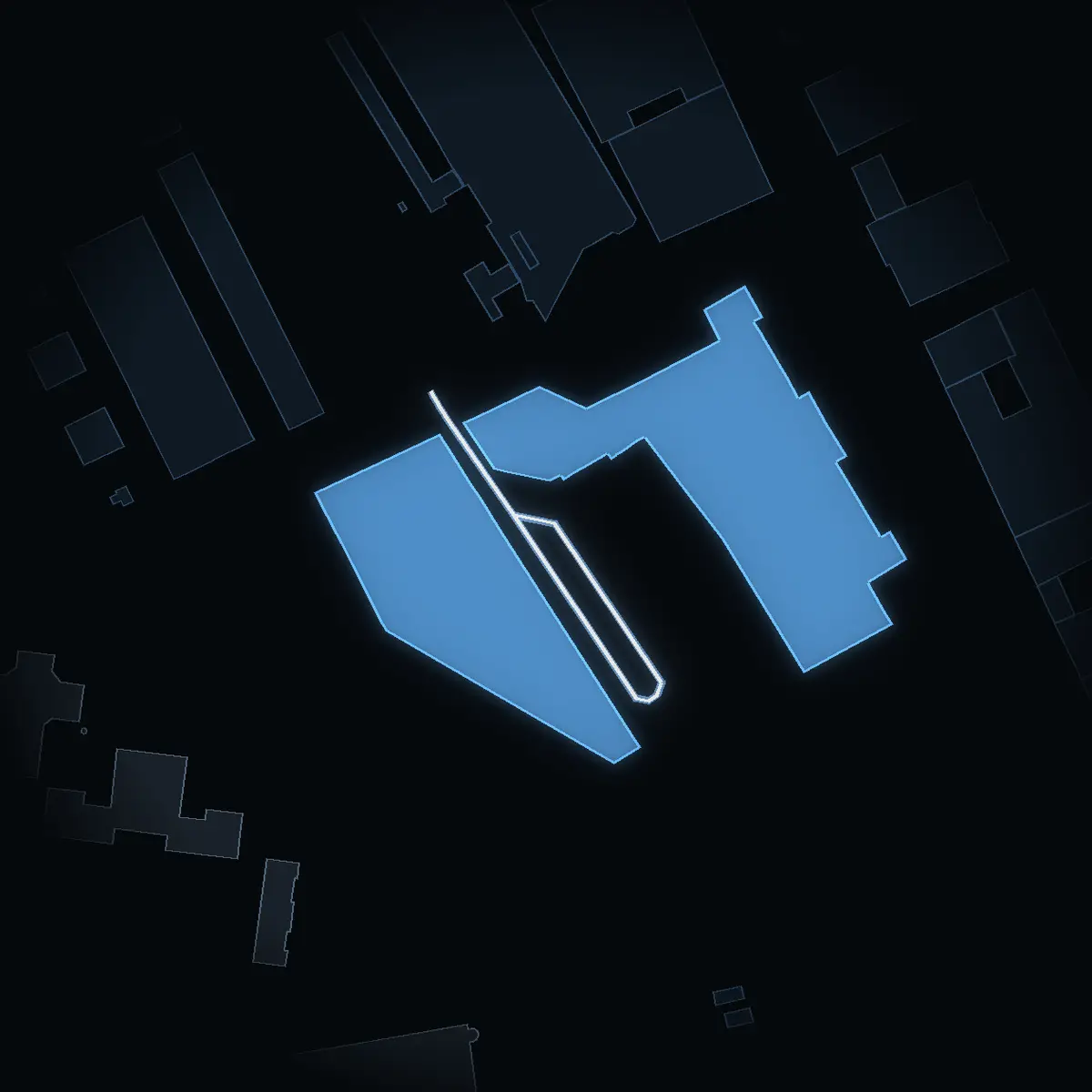 Nils Ericsons Plan at night, its buildings drawn from the city's 3D model