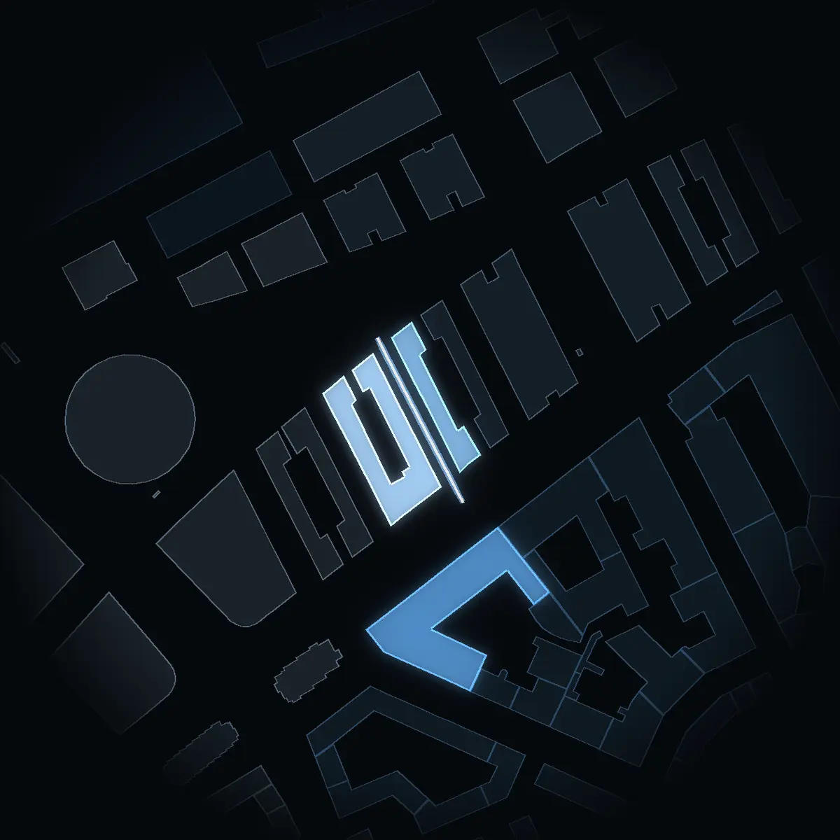 Nina Einhorns Gata at night, its buildings drawn from the city's 3D model