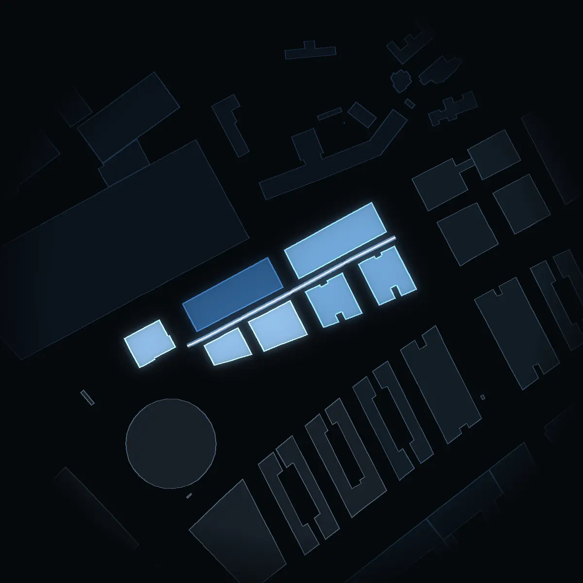 Ninni Kronbergs Gata at night, its buildings drawn from the city's 3D model