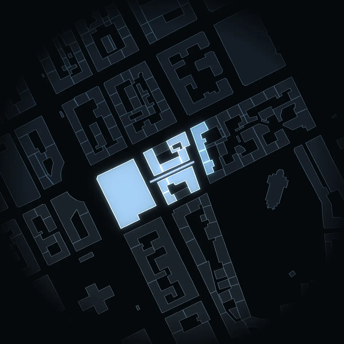 Rosengatan at night, its buildings drawn from the city's 3D model