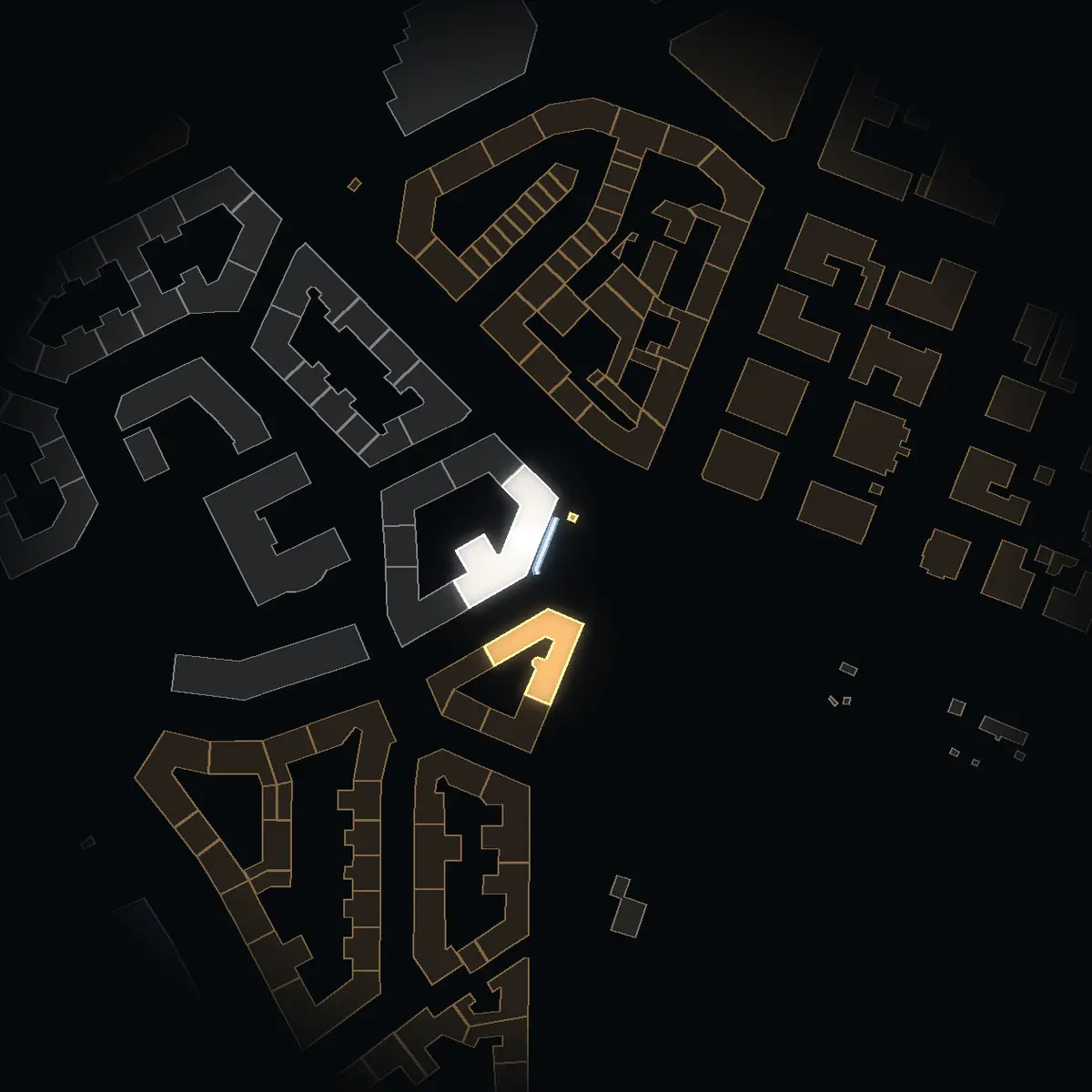 Runebergsplan at night, its buildings drawn from the city's 3D model