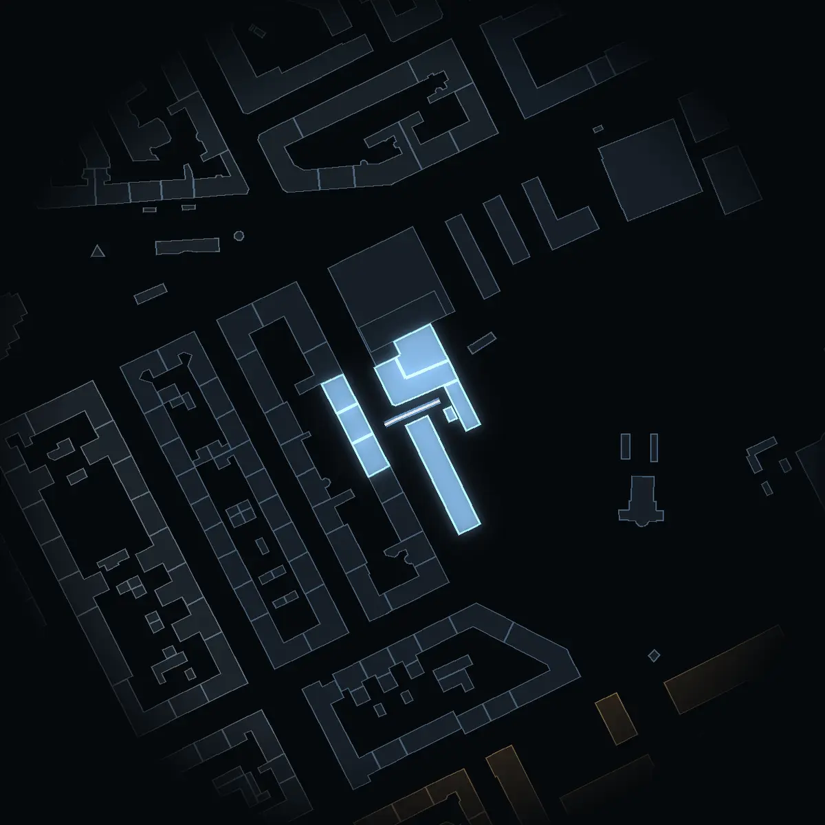 Sandåsgatan at night, its buildings drawn from the city's 3D model