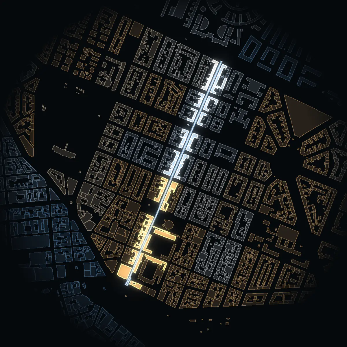Sibyllegatan at night, its buildings drawn from the city's 3D model