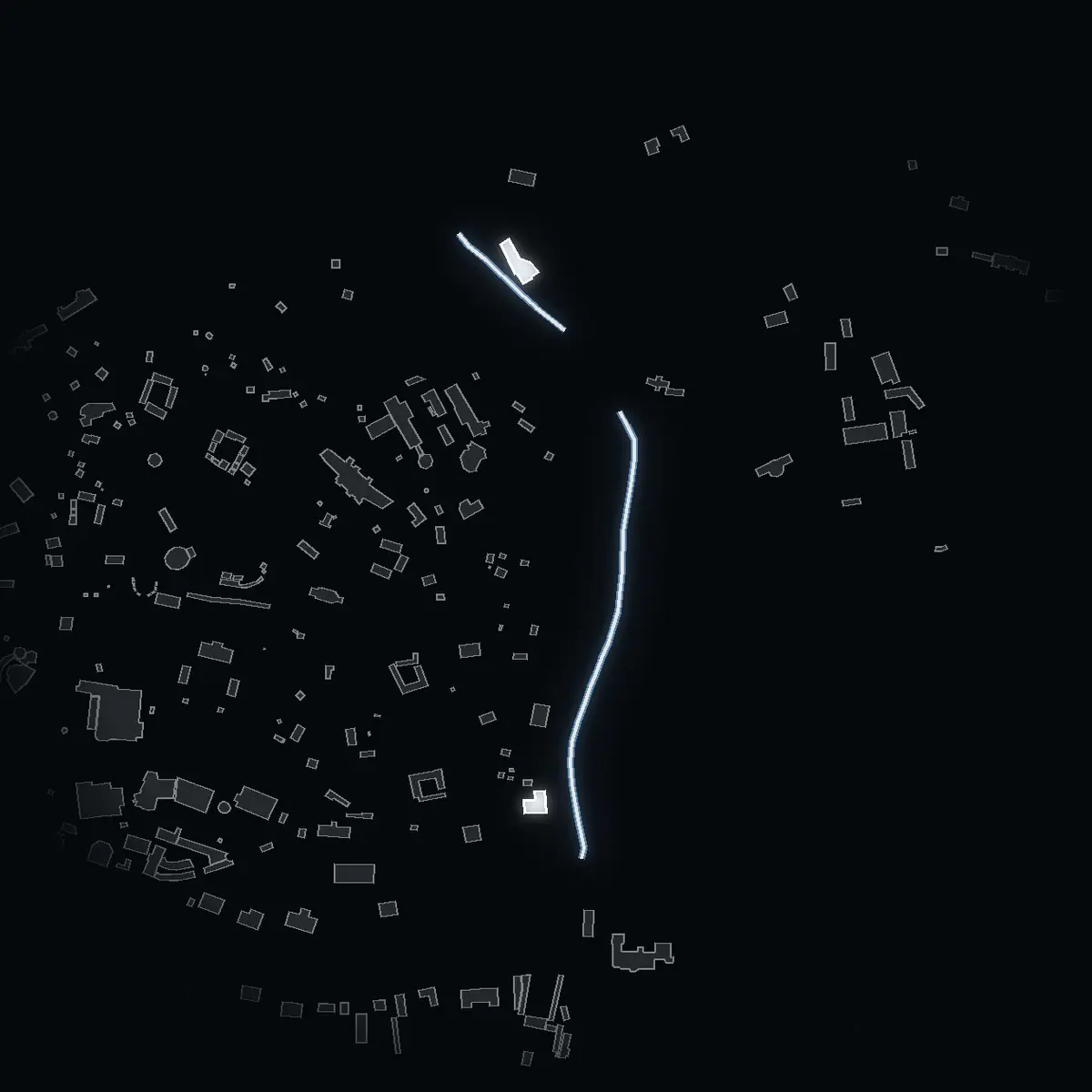 Sirishovsvägen at night, its buildings drawn from the city's 3D model