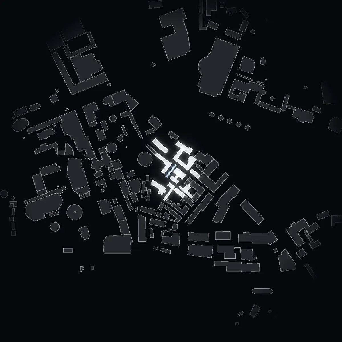 Sjömansgränd at night, its buildings drawn from the city's 3D model