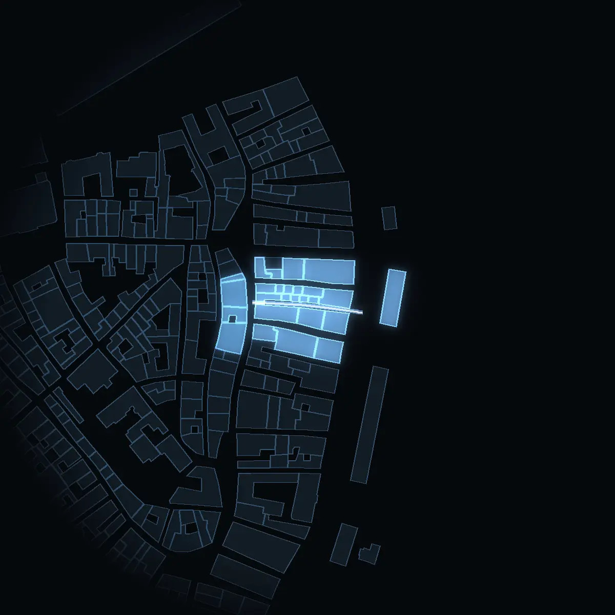 Stora Hoparegränd at night, its buildings drawn from the city's 3D model