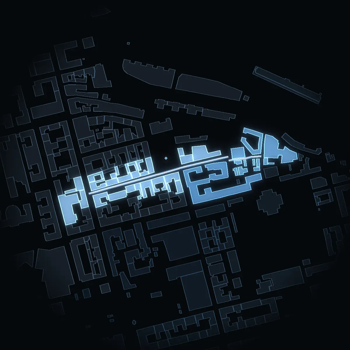 Svartensgatan at night, its buildings drawn from the city's 3D model