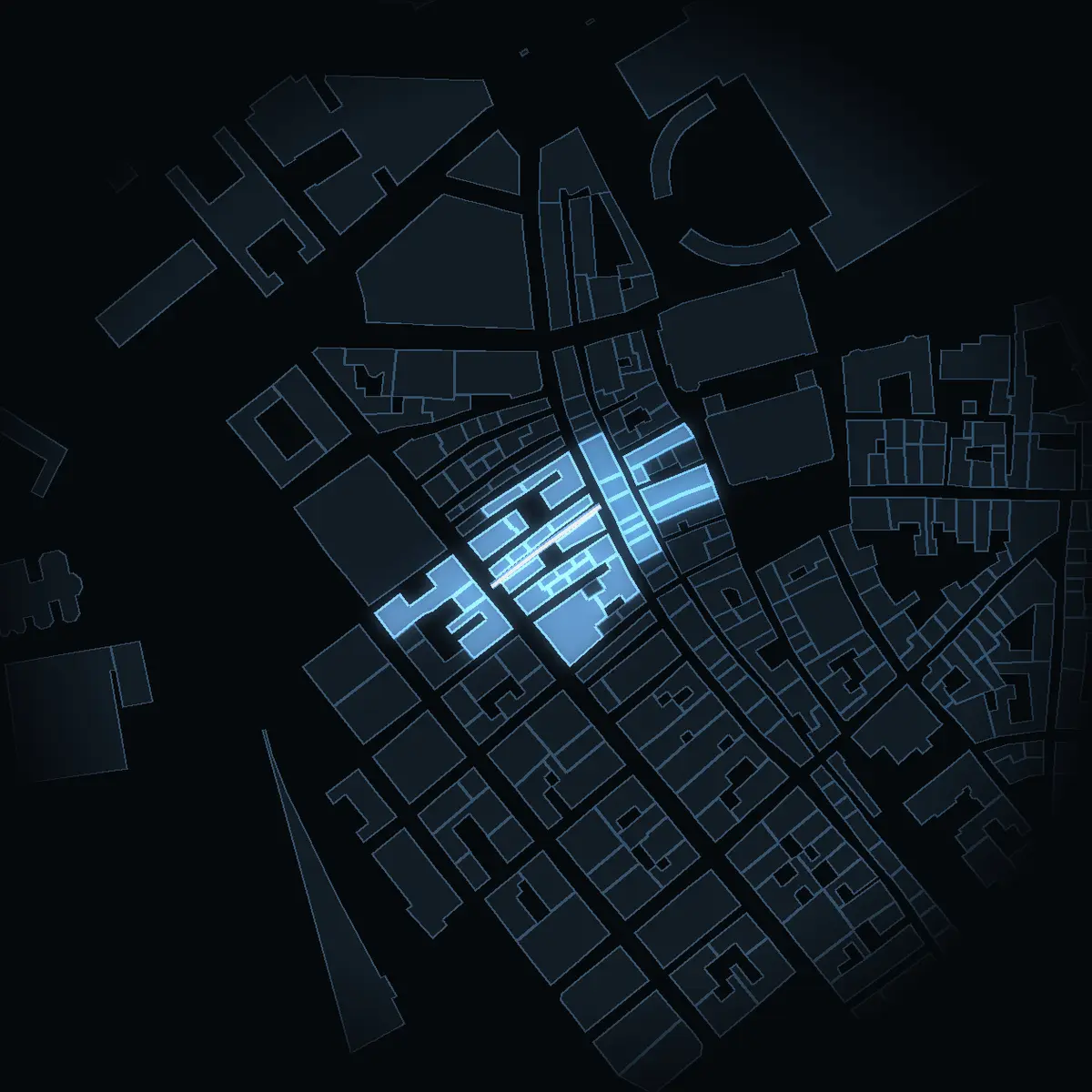Sven Vintappares Gränd at night, its buildings drawn from the city's 3D model