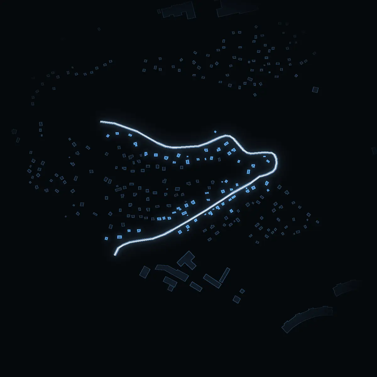 Tantolundsvägen at night, its buildings drawn from the city's 3D model