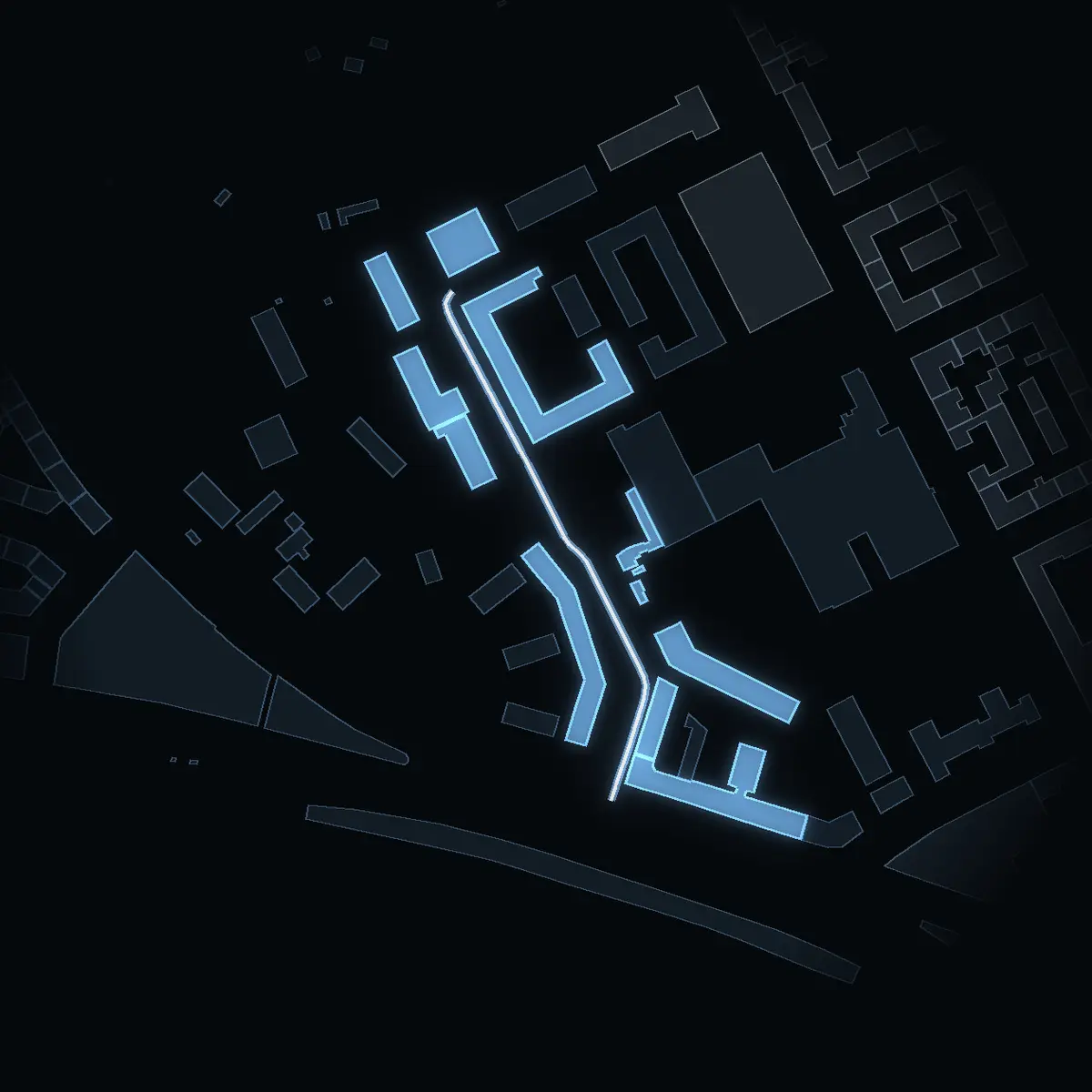 Torsgränd i nattbelysning, husen ritade ur stadens 3D-modell