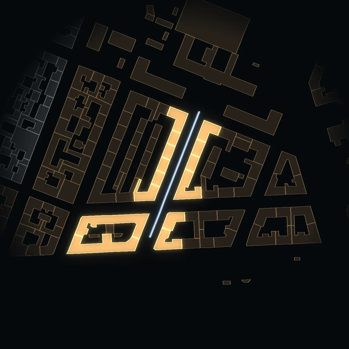 Torstenssonsgatan at night, its buildings drawn from the city's 3D model