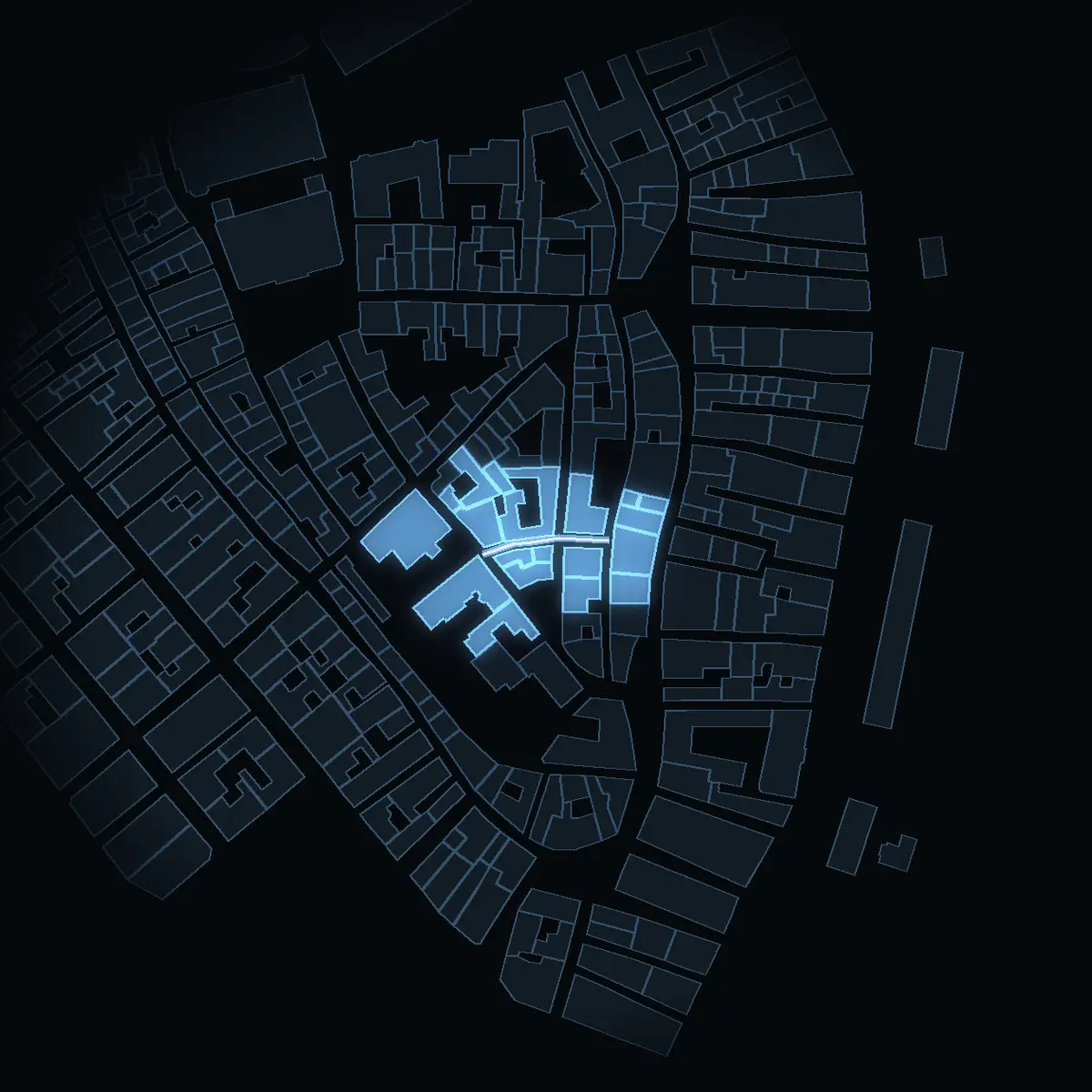 Tyska Skolgränd at night, its buildings drawn from the city's 3D model